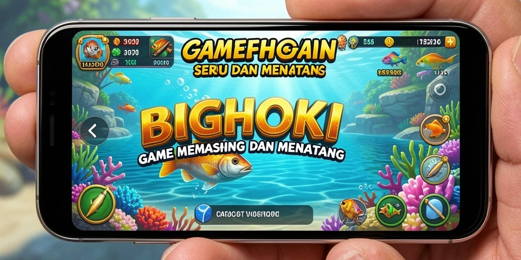 Gameplay BIGHOKI saat menangkap ikan di danau.