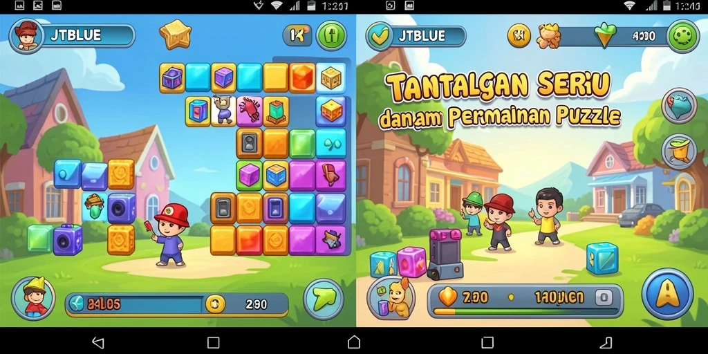 Tampilan gameplay JTBLUE menampilkan teka-teki yang berwarna-warni dan menantang.